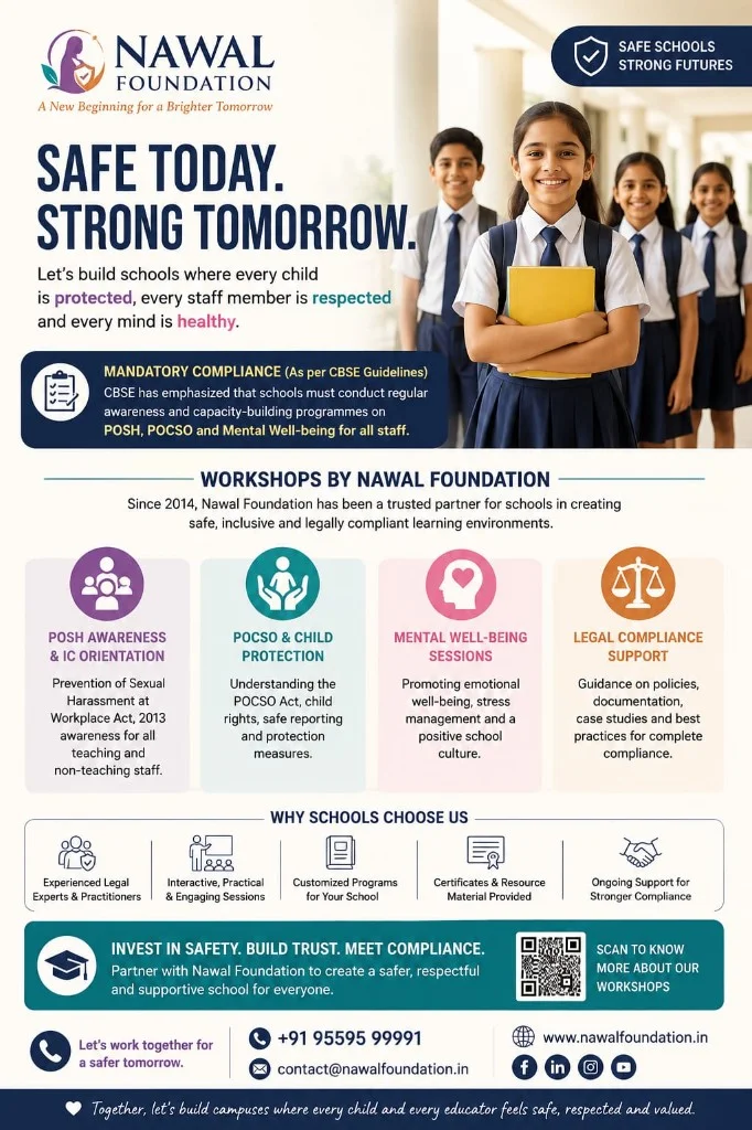 Nawal Foundation school workshop poster — Safe Today Strong Tomorrow: POSH awareness, POCSO and child protection, mental well-being sessions and legal compliance support for schools in Lucknow